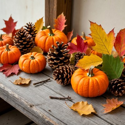 Autumn Pumpkins and Pinecones on Wooden Table