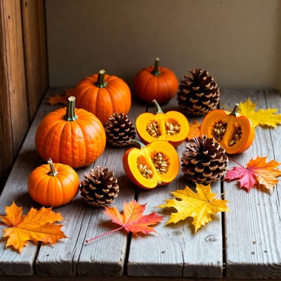 Pumpkins and Pinecones on Wooden Surface