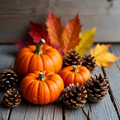 Pumpkins and Pinecones with Autumn Leaves