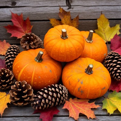 Pumpkins with Pinecones and Autumn Leaves