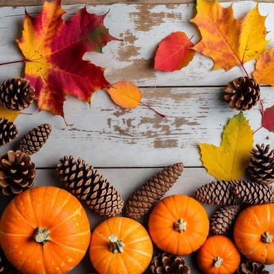 Autumn Leaves Pumpkins Pinecones Flat Lay
