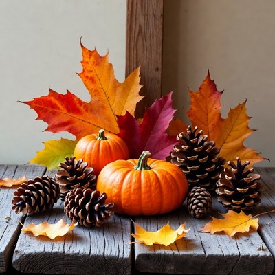 Autumn Pumpkins Pinecones Fall Leaves