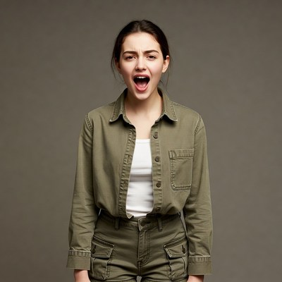 Young woman screaming in green jacket