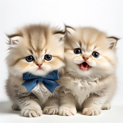 Two fluffy British Shorthair kittens with blue bow