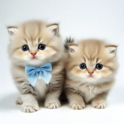 Two fluffy kittens with blue bowtie