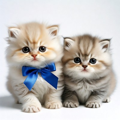 Two fluffy kittens with blue bow