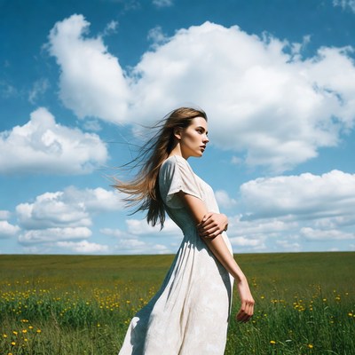 Woman in white dress in green field