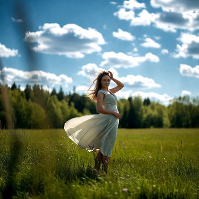 Woman in flowing dress in grassy field