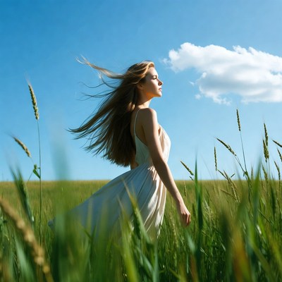 Woman in white dress in wheat field