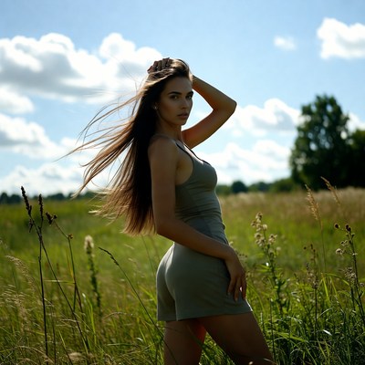 Woman in gray shorts posing in grass field
