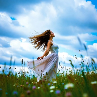 Woman in white dress in wildflower field