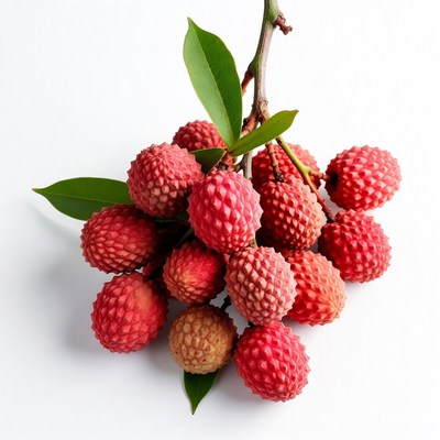 Fresh red lychees with green leaves