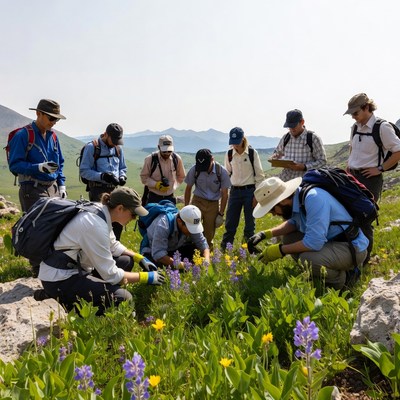 Group examining wildflowers in mountains
