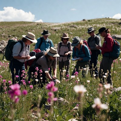 Group examining wildflowers on mountain meadow