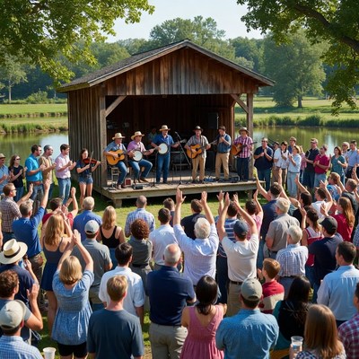 Crowd cheering bluegrass band on stage
