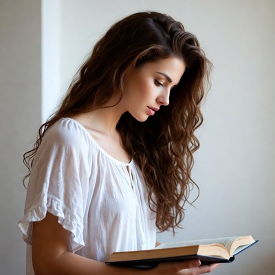 Woman reading book by window