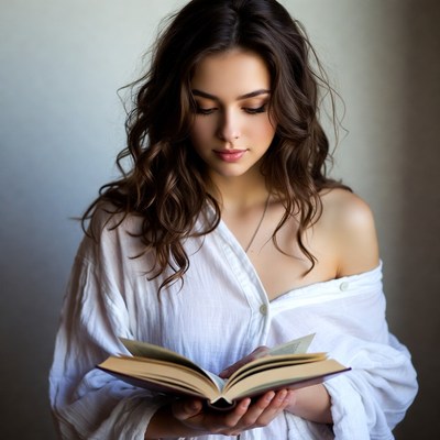 Woman reading book in white shirt