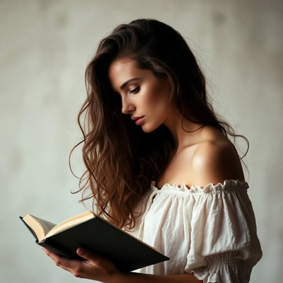 Woman reading book with long hair