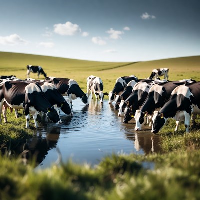 Herd of cows drinking from pond