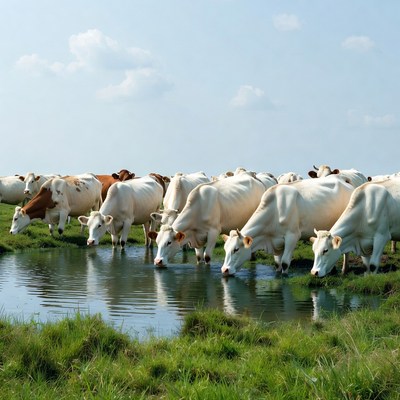 Herd of cows drinking from pond