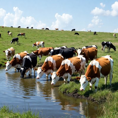 Holstein cows drinking from pond