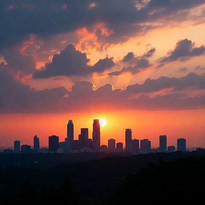 Sunset over city skyline silhouette