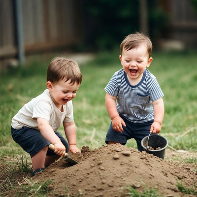 Two toddlers playing in sandpile