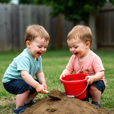 Twin toddlers playing with sand bucket