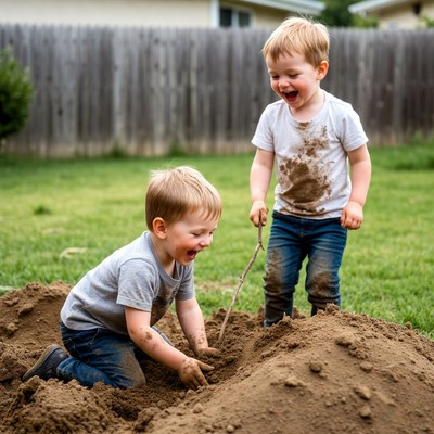 Two boys playing in muddy backyard
