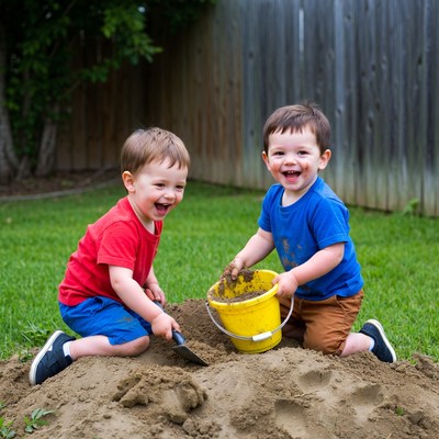 Twin boys playing with sand bucket