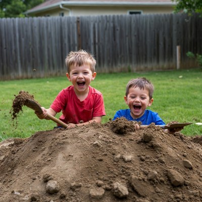 Two boys digging in backyard dirt pile
