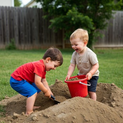 Two boys playing with sand in backyard