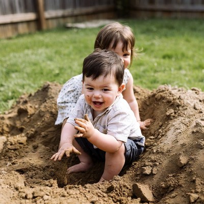 Toddlers playing in backyard sand pile