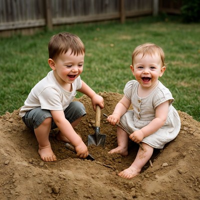 Brother and sister digging sandpile