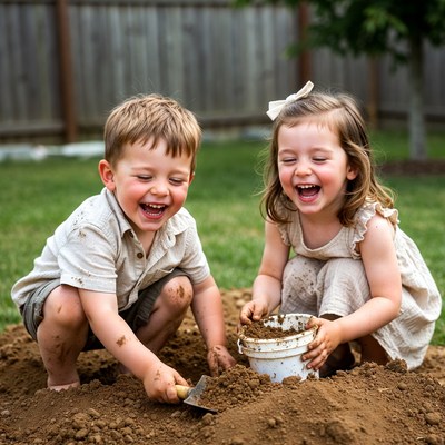Boy and girl playing in dirt backyard