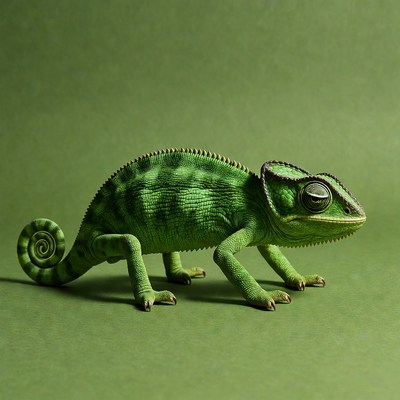 Green chameleon on solid background