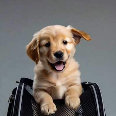 Golden Retriever Puppy in Pet Carrier