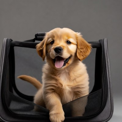 Golden Retriever Puppy in Pet Carrier