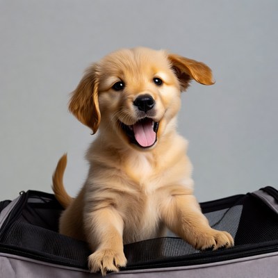 Golden Retriever Puppy in Pet Carrier
