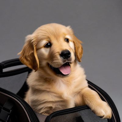 Golden Retriever Puppy in Pet Carrier