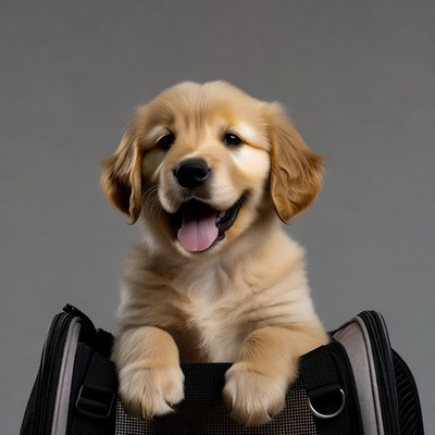Golden Retriever Puppy in Pet Carrier