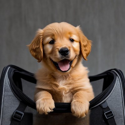 Golden Retriever Puppy in Pet Carrier