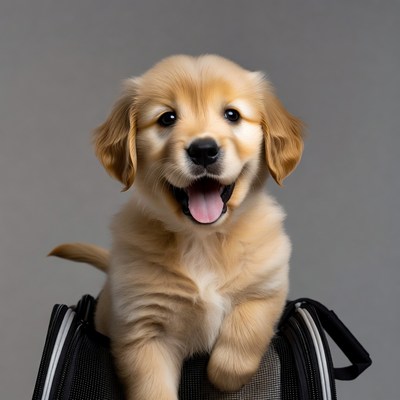 Golden Retriever Puppy in Pet Carrier