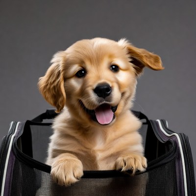 Golden Retriever Puppy in Pet Carrier
