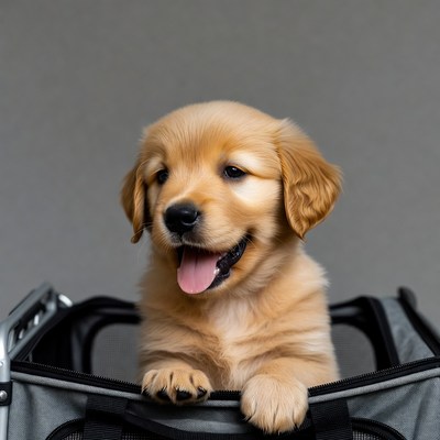 Golden Retriever Puppy in Pet Carrier