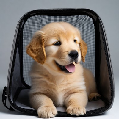 Golden Retriever Puppy in Pet Carrier