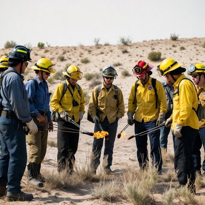 Firefighters holding flaming torches in desert