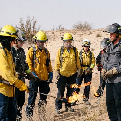 Firefighters Training with Torches in Desert