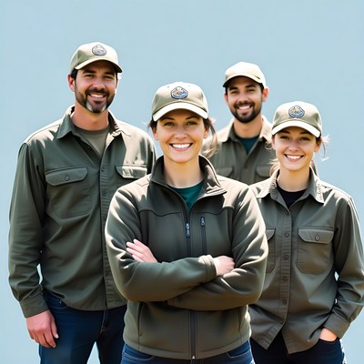 Team of four smiling in khaki uniforms
