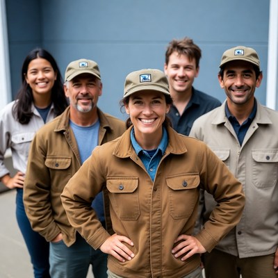 Smiling diverse team wearing tan caps